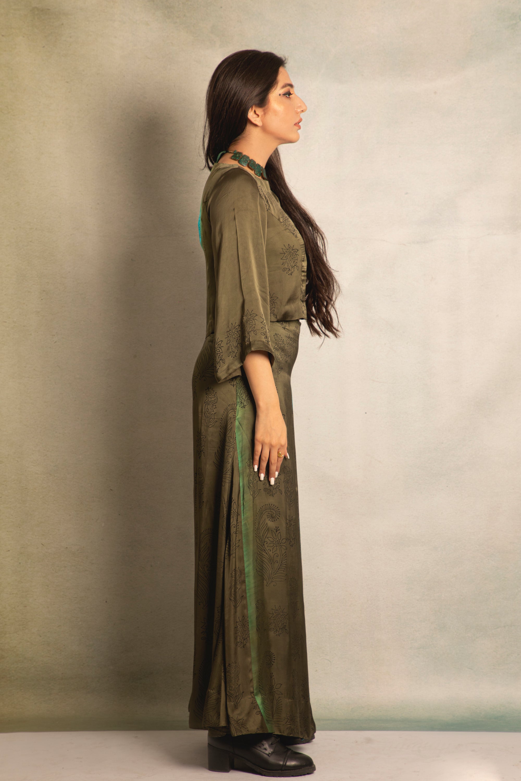 Olive Green Printed Skirt with Top