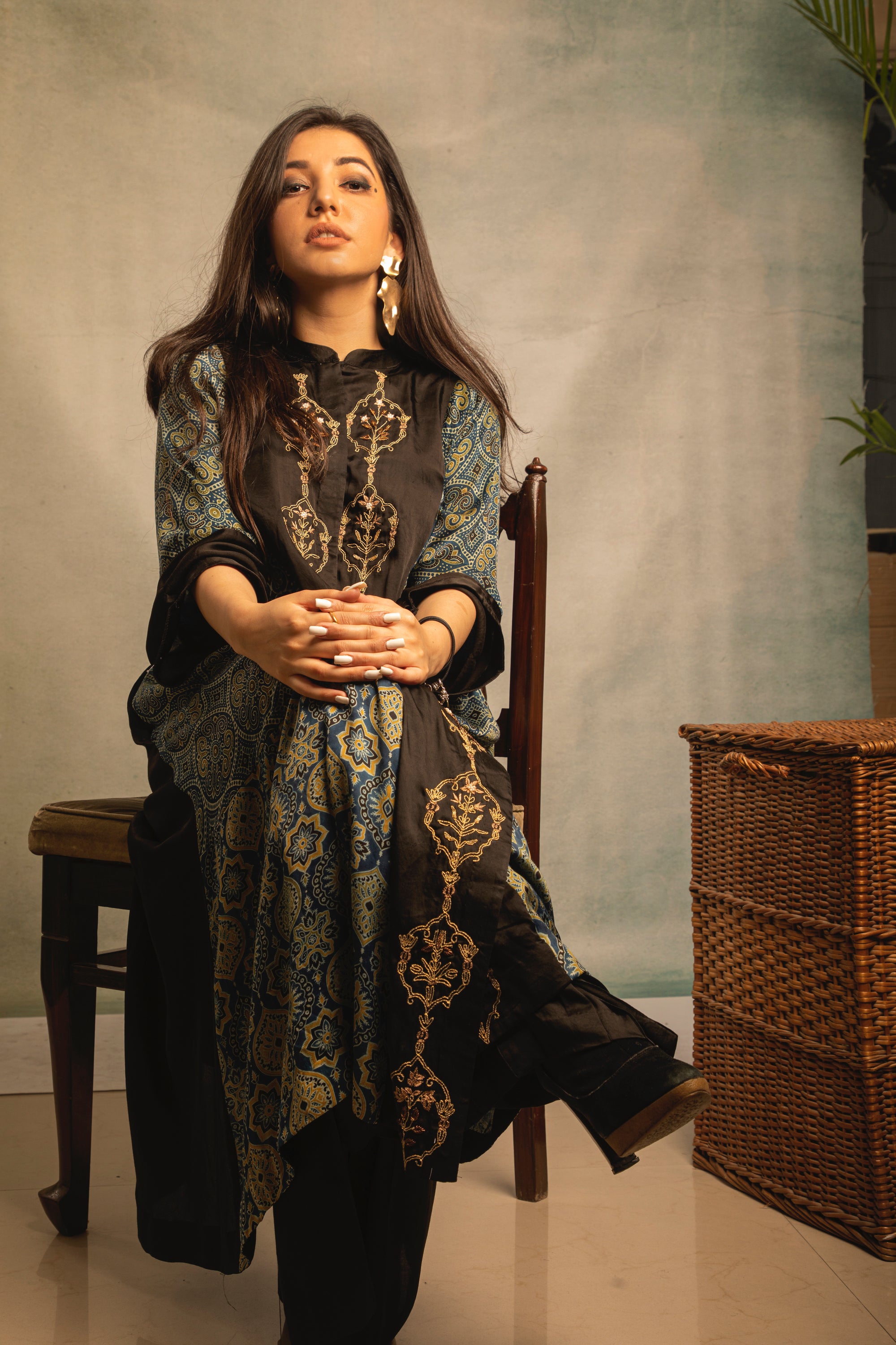 Black and Blue Midnight Embroidered Tunic