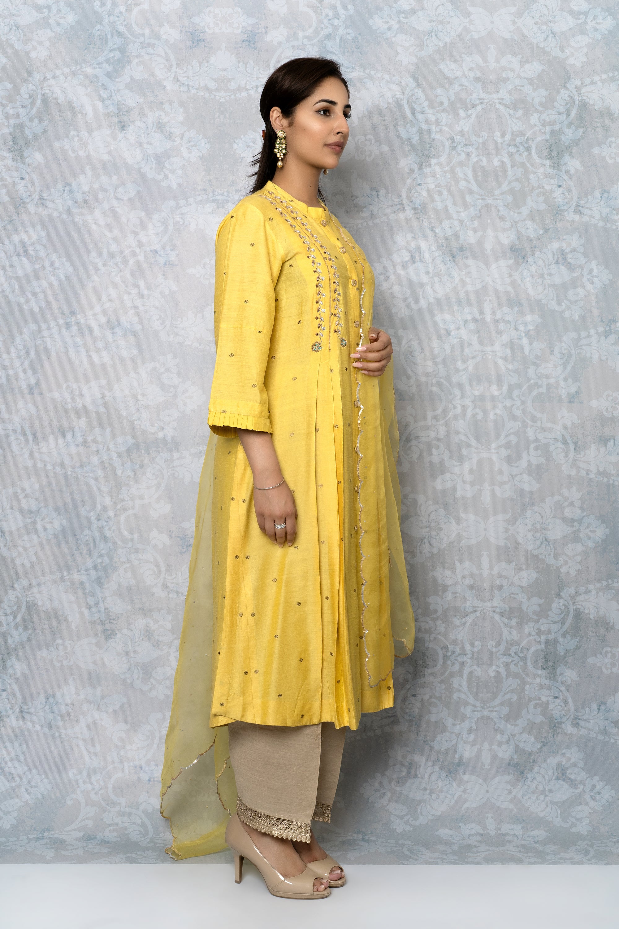 Sunshine Yellow Mehendi Pleated Kurta Set