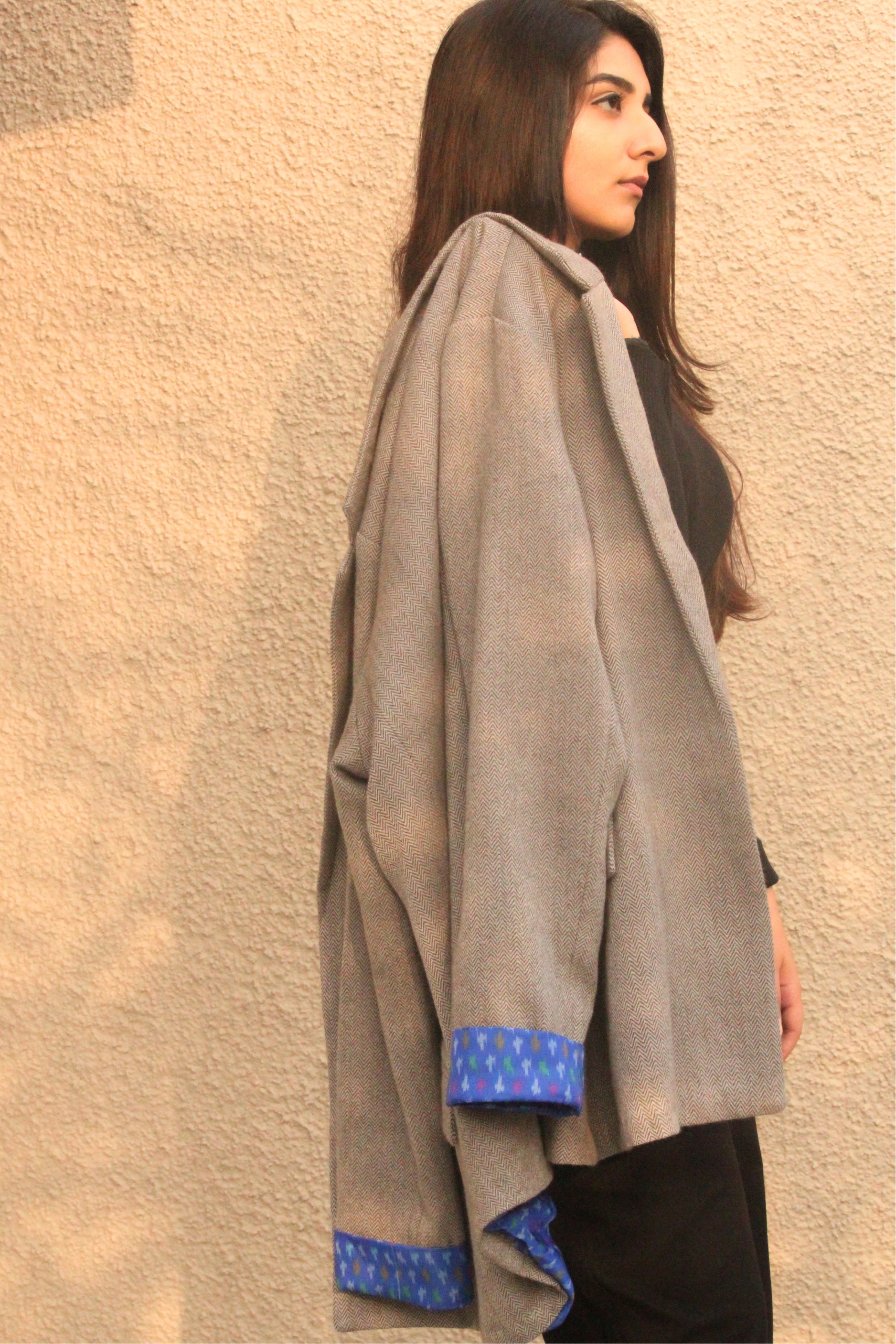 Grey Handwoven Tweed Blazer with Blue Lining