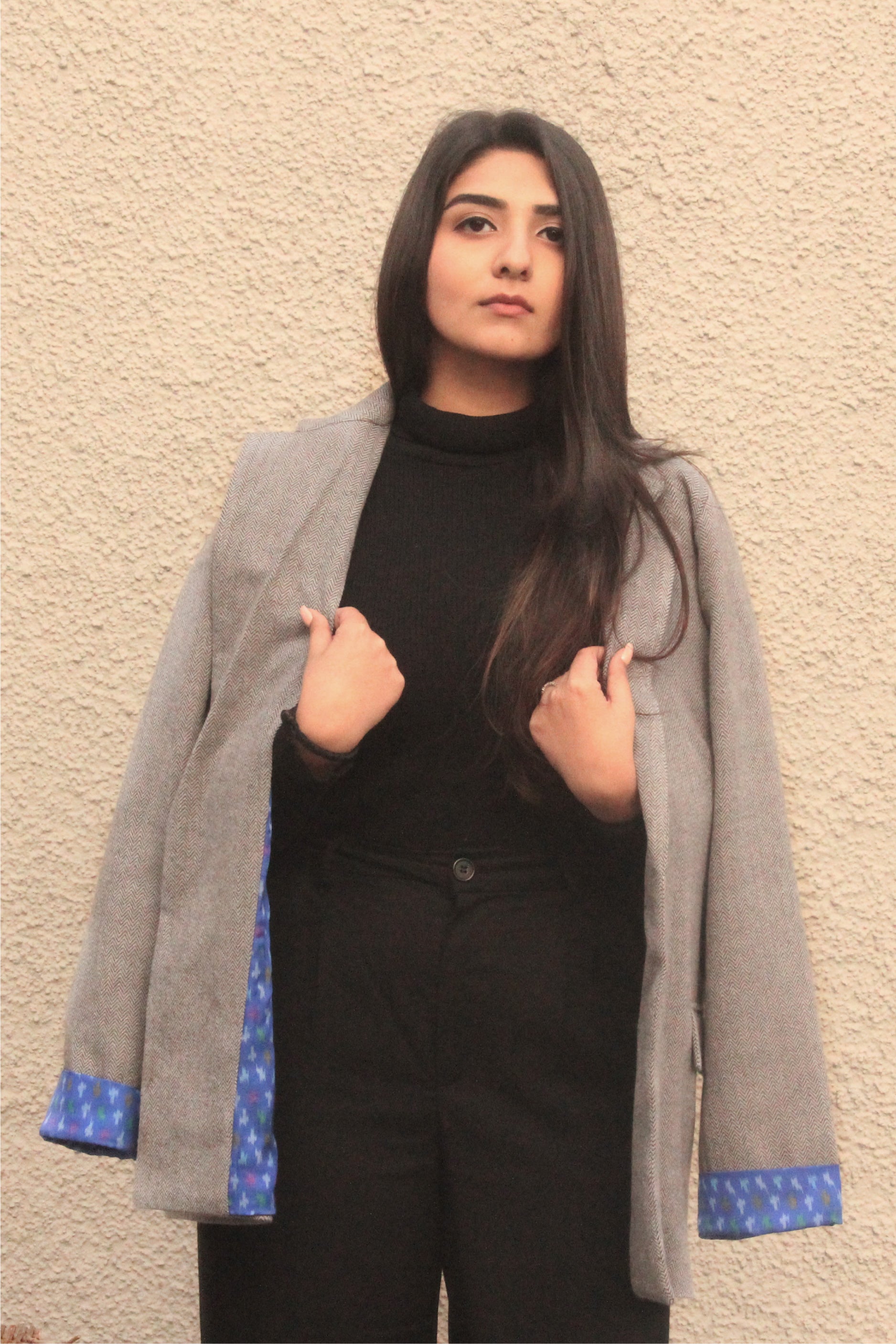 Grey Handwoven Tweed Blazer with Blue Lining