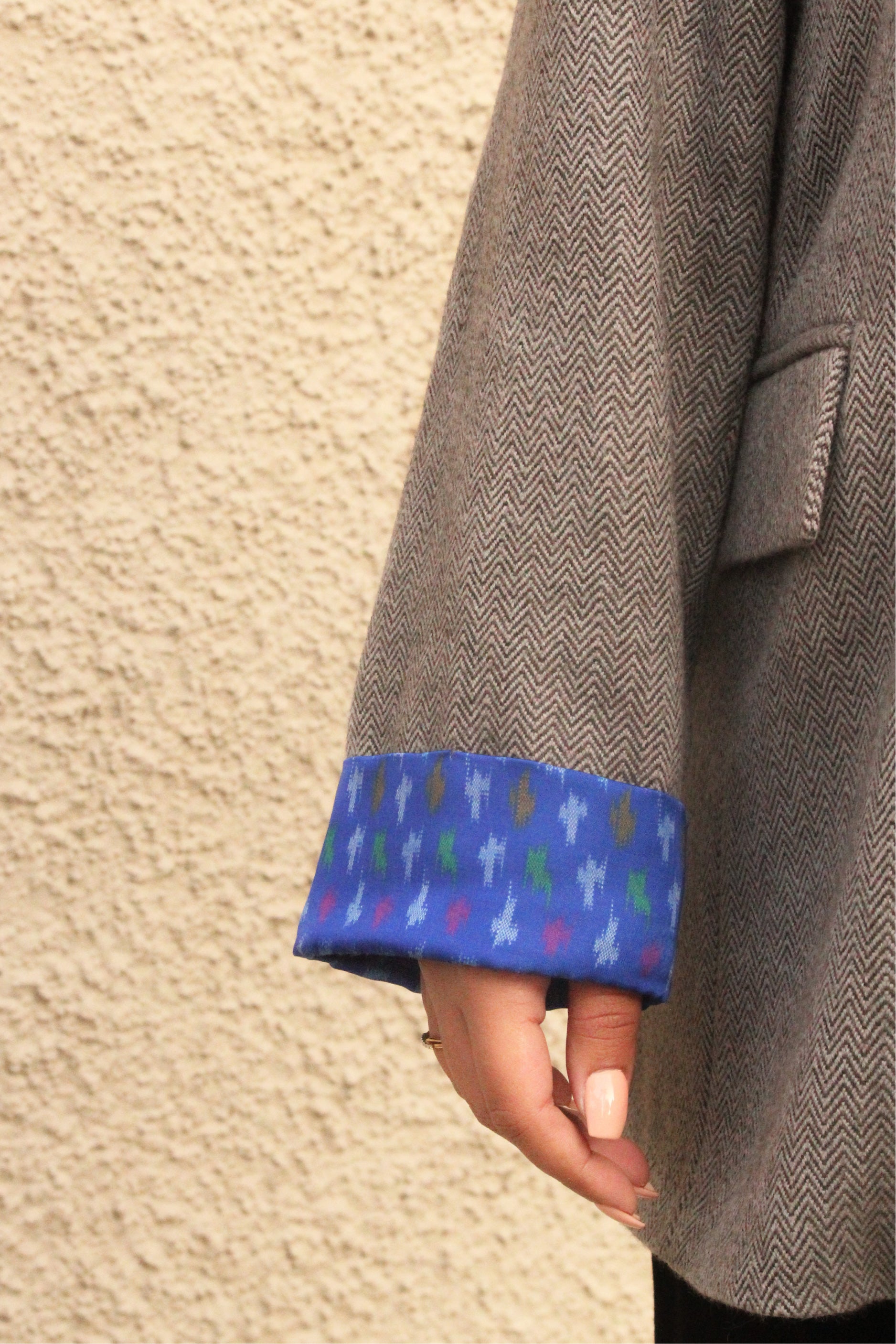 Grey Handwoven Tweed Blazer with Blue Lining