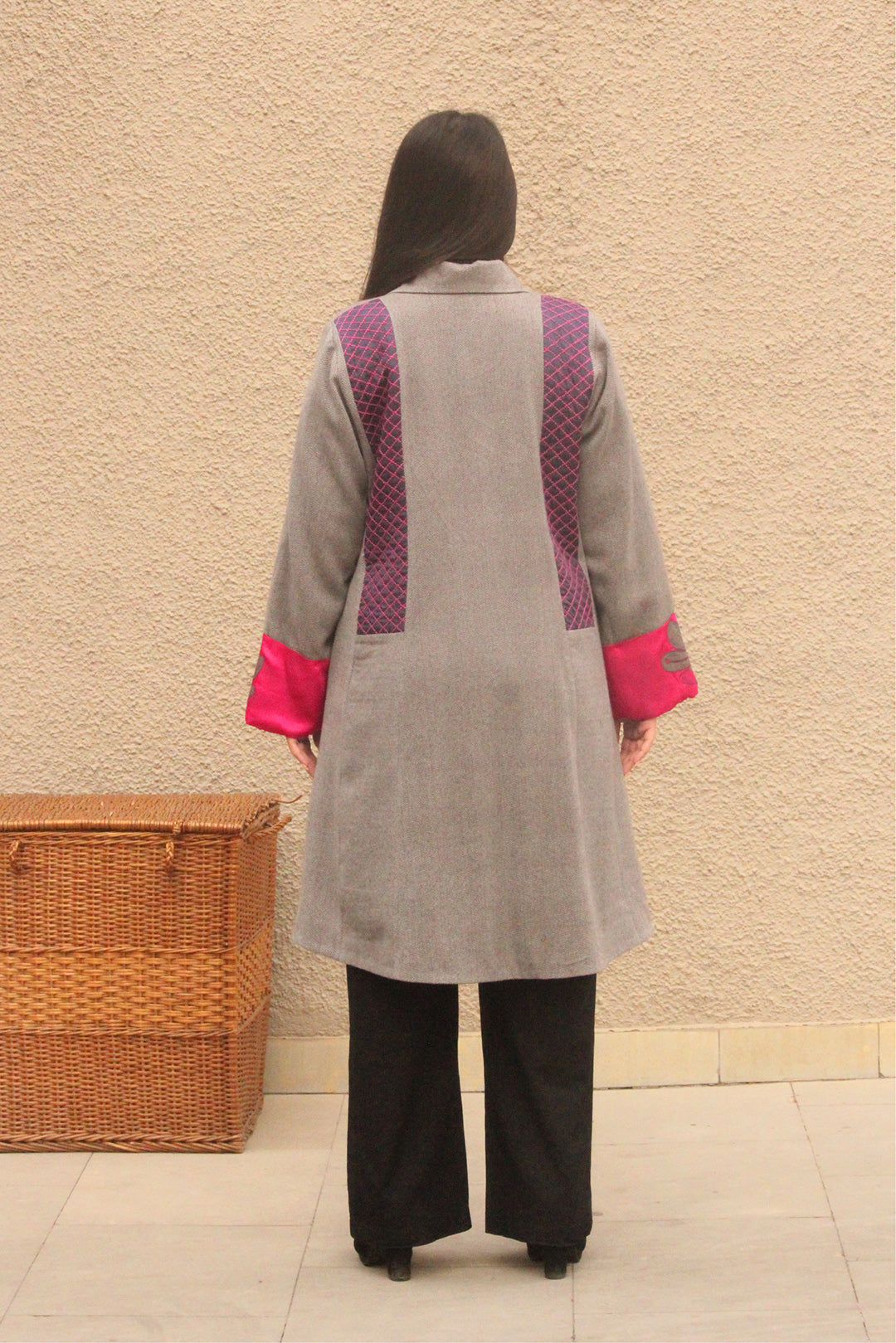 Grey and Fuschia Herringbone Handwoven Tweed Jacket