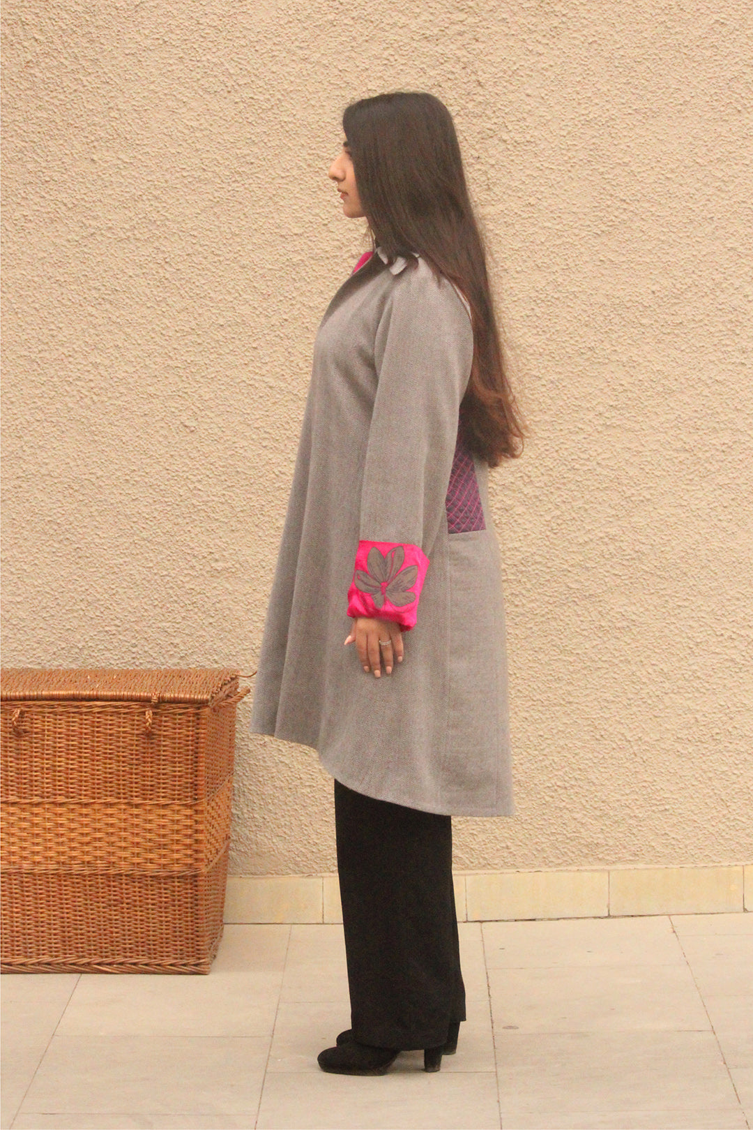 Grey and Fuschia Herringbone Handwoven Tweed Jacket