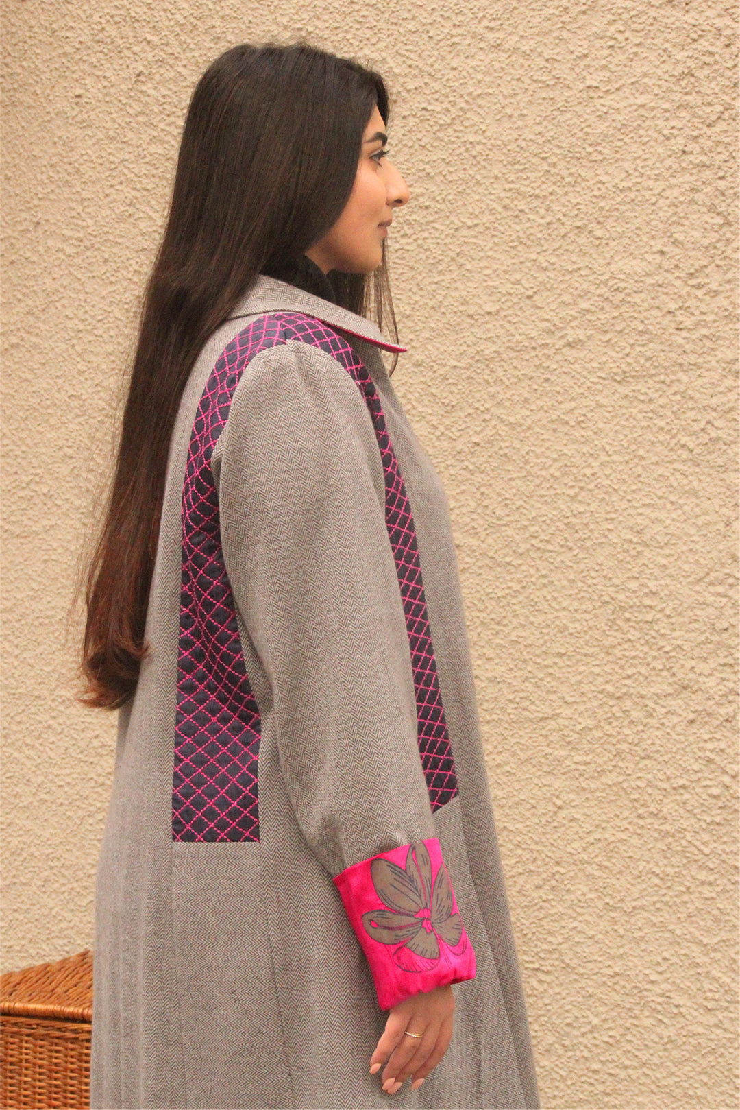 Grey and Fuschia Herringbone Handwoven Tweed Jacket
