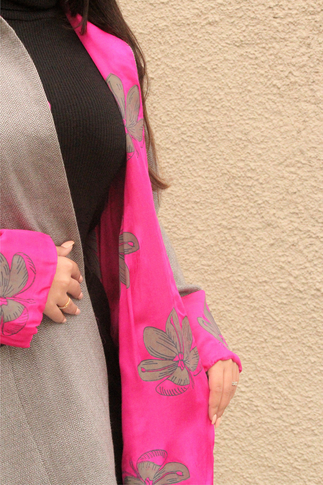 Grey and Fuschia Herringbone Handwoven Tweed Jacket