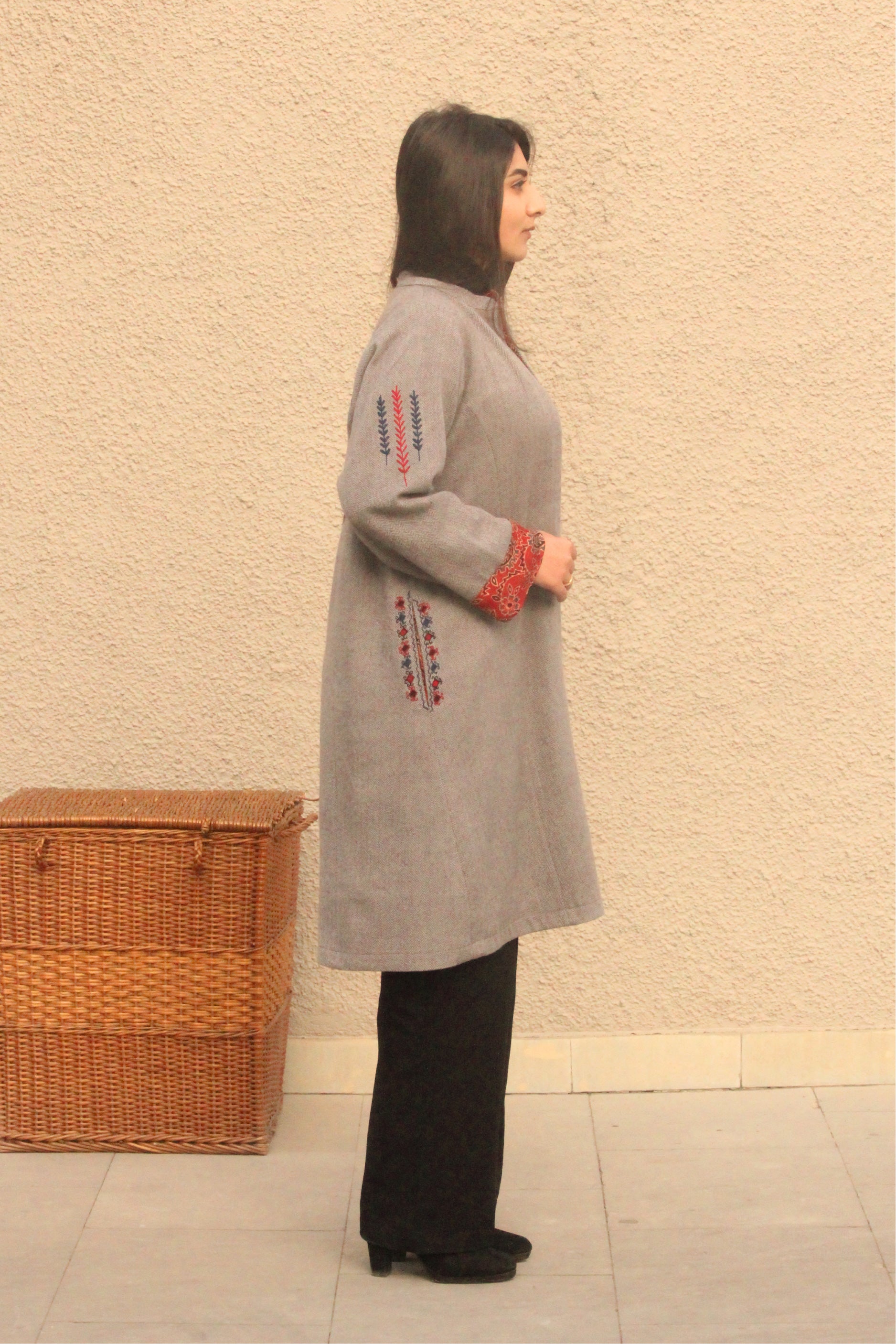 Grey and Red Herringbone Handwoven Tweed Jacket