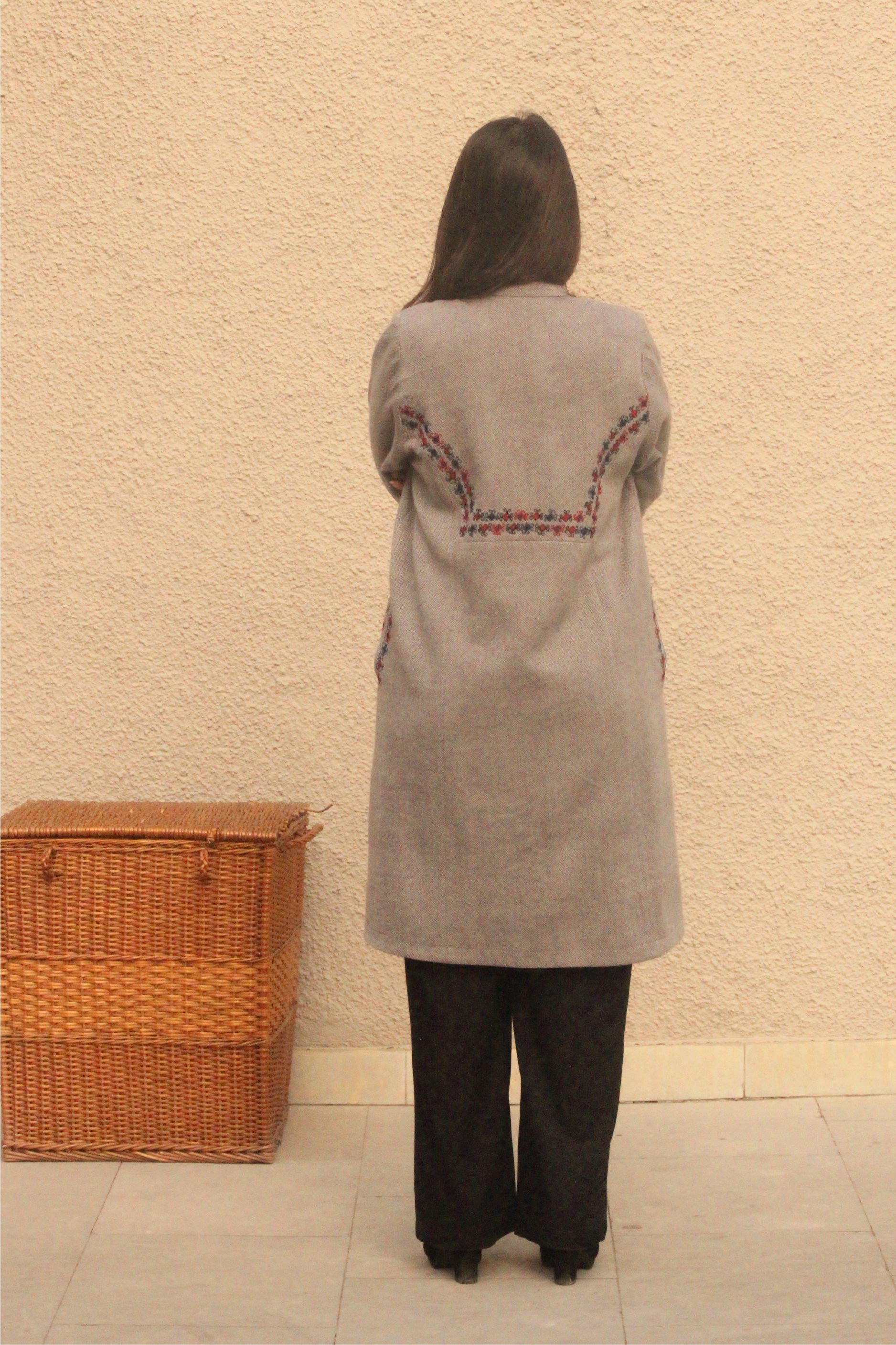 Grey and Red Herringbone Handwoven Tweed Jacket