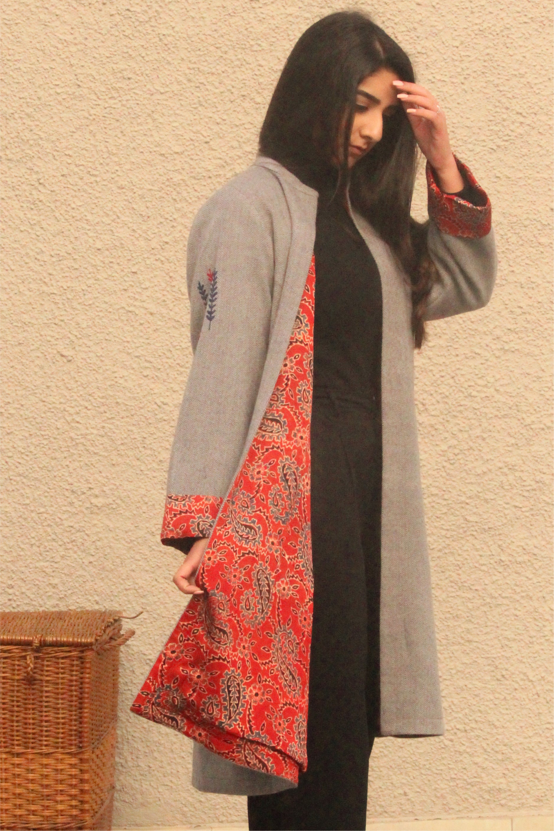 Grey and Red Herringbone Handwoven Tweed Jacket