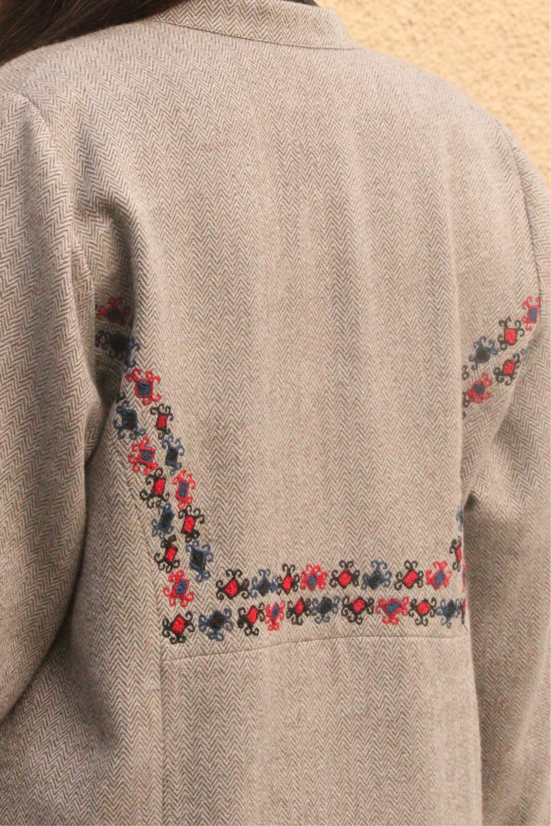 Grey and Red Herringbone Handwoven Tweed Jacket