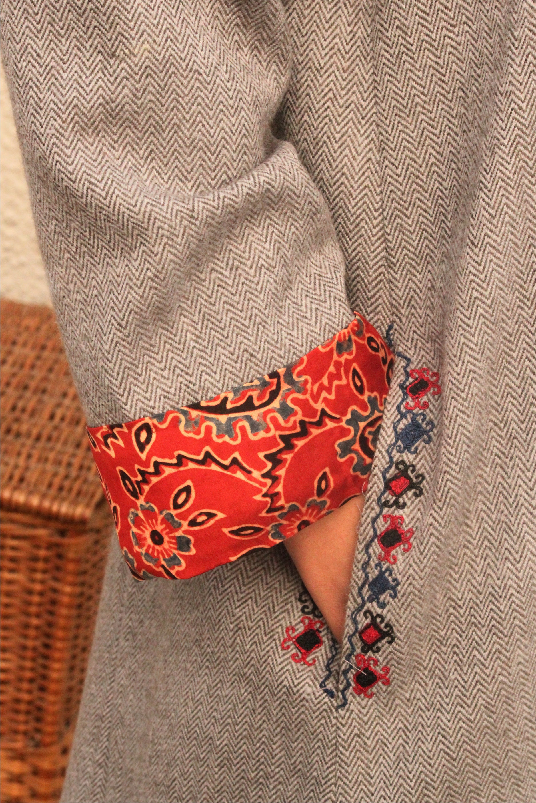 Grey and Red Herringbone Handwoven Tweed Jacket