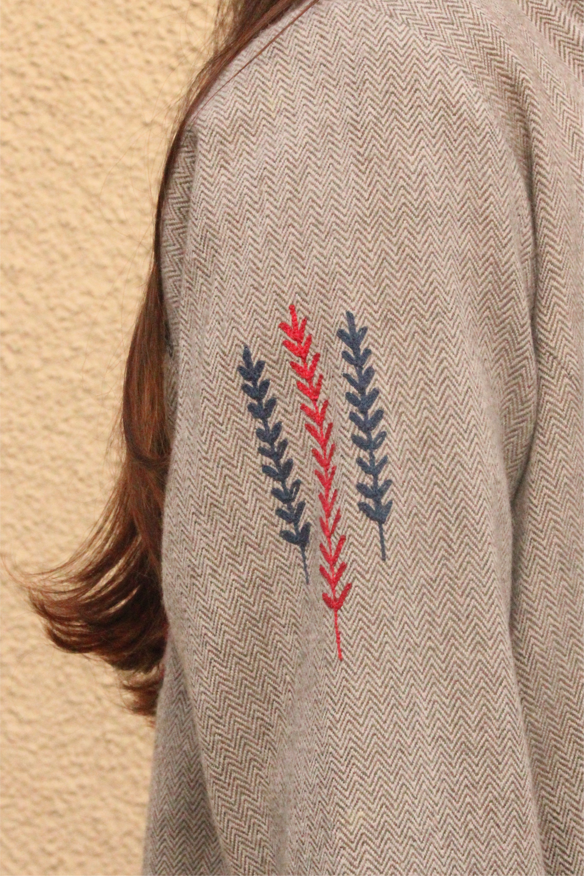 Grey and Red Herringbone Handwoven Tweed Jacket