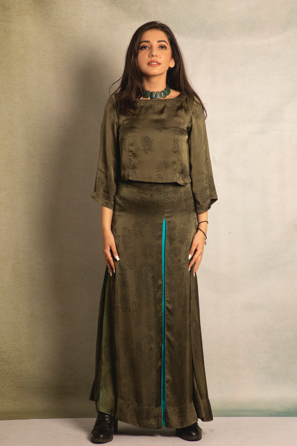Olive Green Printed Skirt with Top