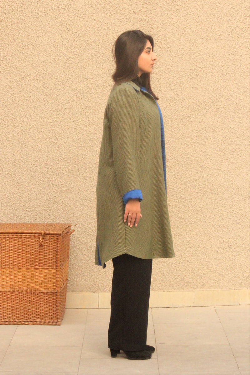 Green and Beige Handwoven Tweed Jacket with Blue Lining