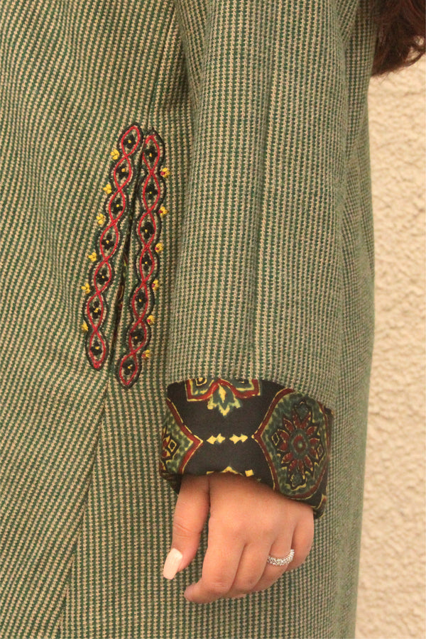 Green and Beige Handwoven Tweed Jacket