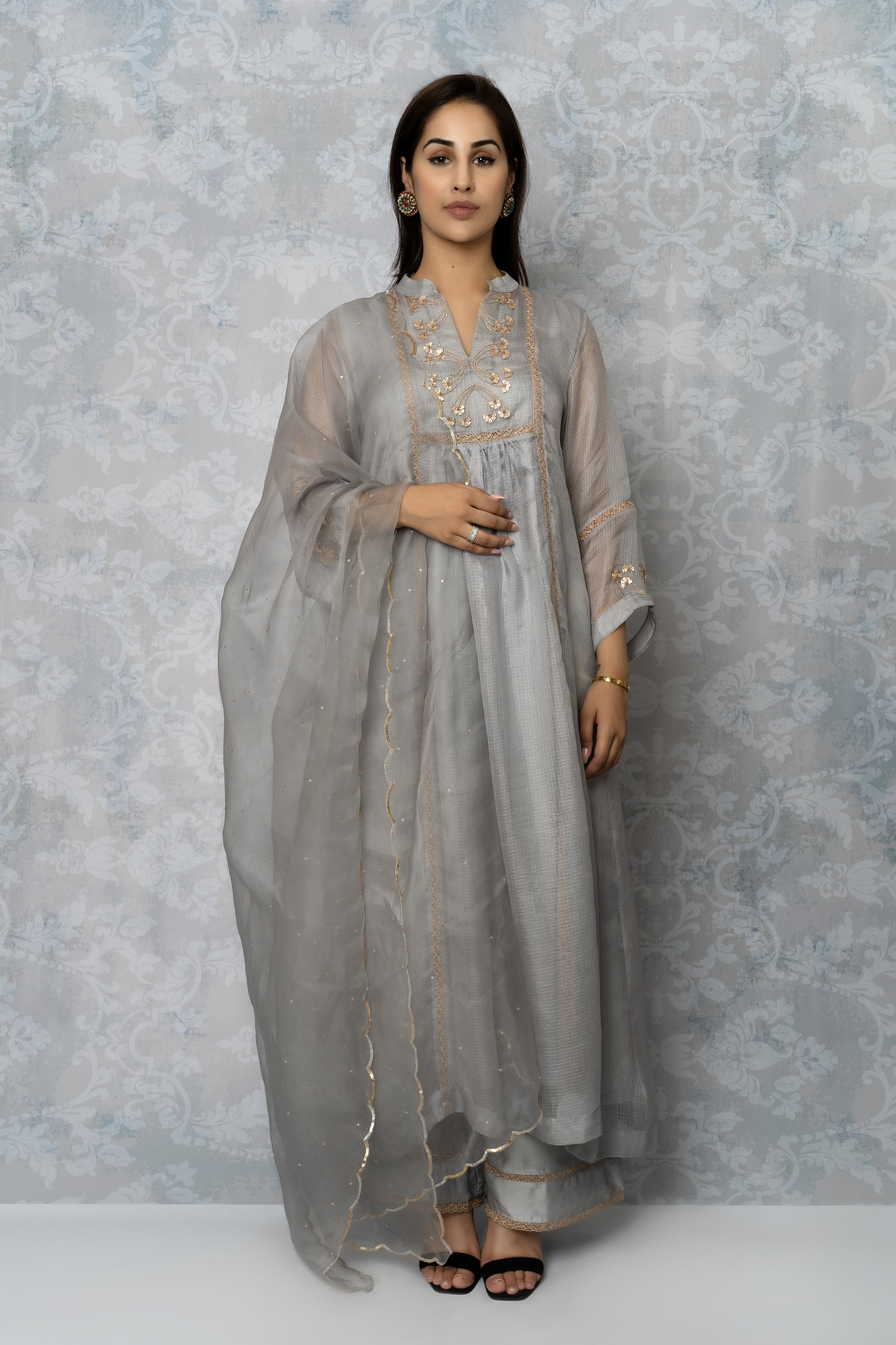 Pearl Grey Roka Festive Kurta Set