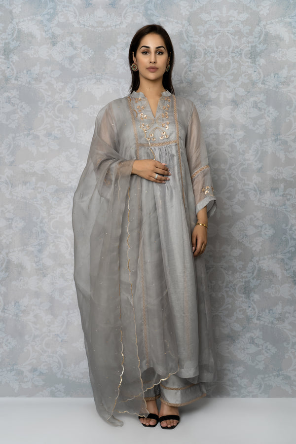 Pearl Grey Roka Festive Kurta Set