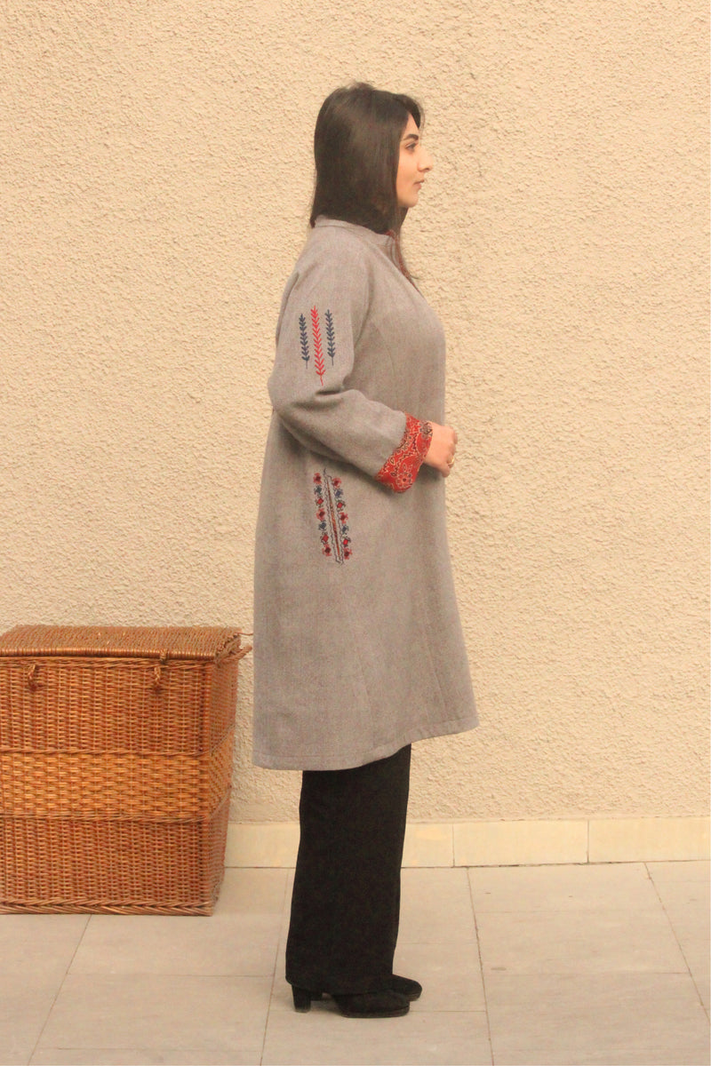 Grey and Red Herringbone Handwoven Tweed Jacket